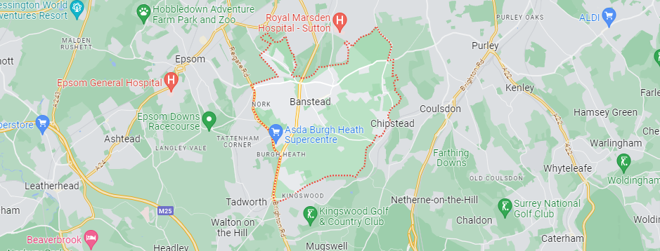 A Google Maps image of the location of Banstead in London.