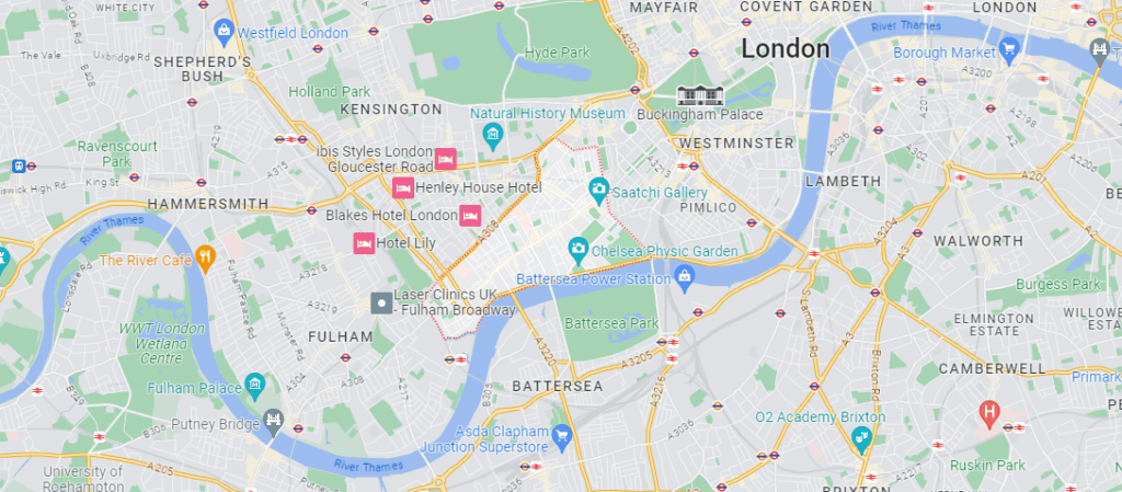 A Google Maps image of the location of Chelsea in London.