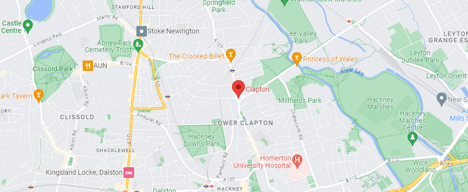 A Google Maps image of the location of Clapton in London.