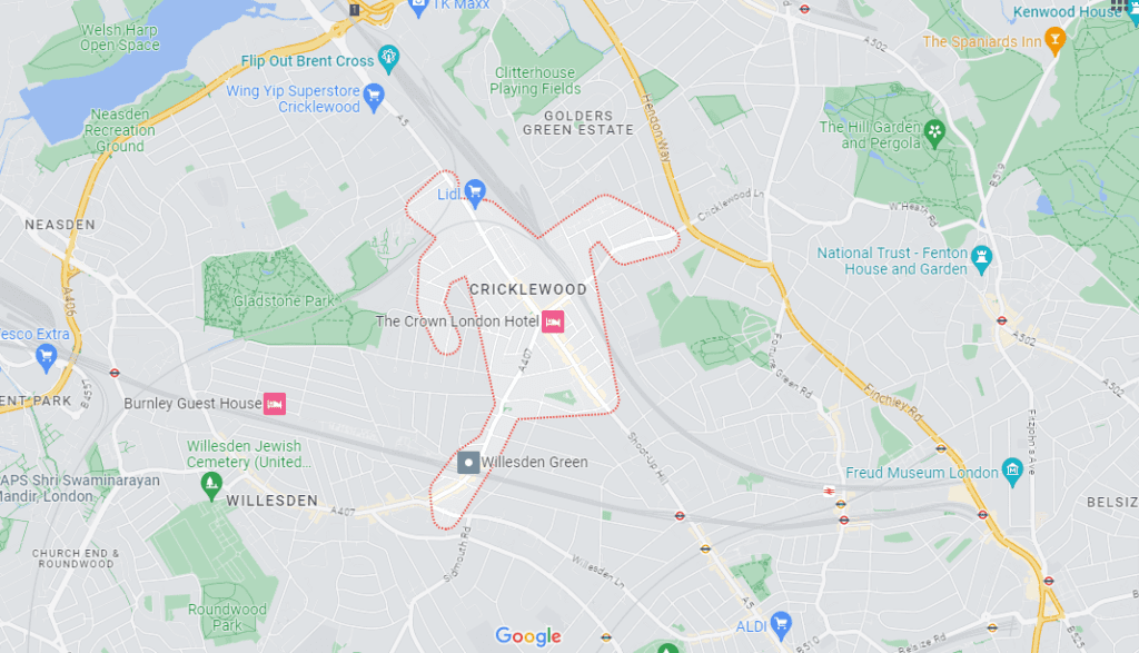 A Google Maps image of the location of Cricklewood in London.