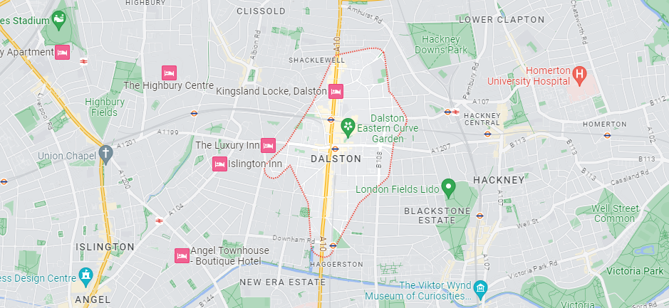 A Google Maps image of the location of Dalston in London.