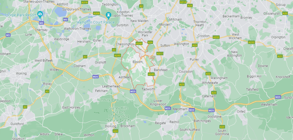 A Google Maps image of the location of Epsom in London.