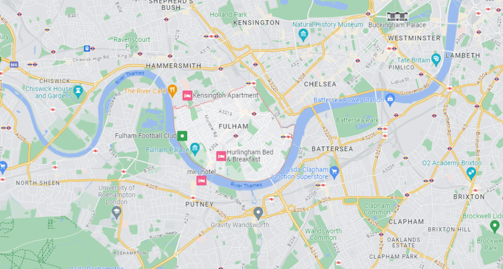 A Google Maps image of the location of Fullham in London.