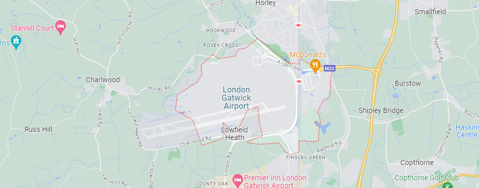 A Google Maps image of the location of Gatwick in London.
