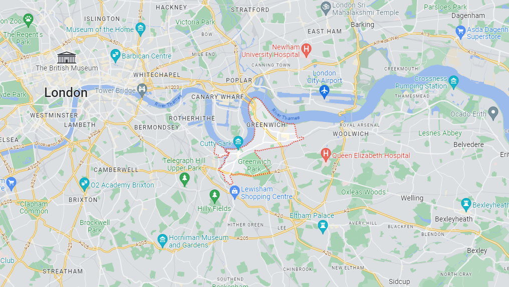 A Google Maps image of the location of Greenwich in London.
