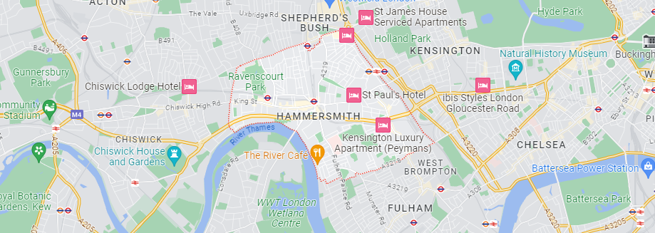 A Google Maps image of the location of Hammersmith in London.