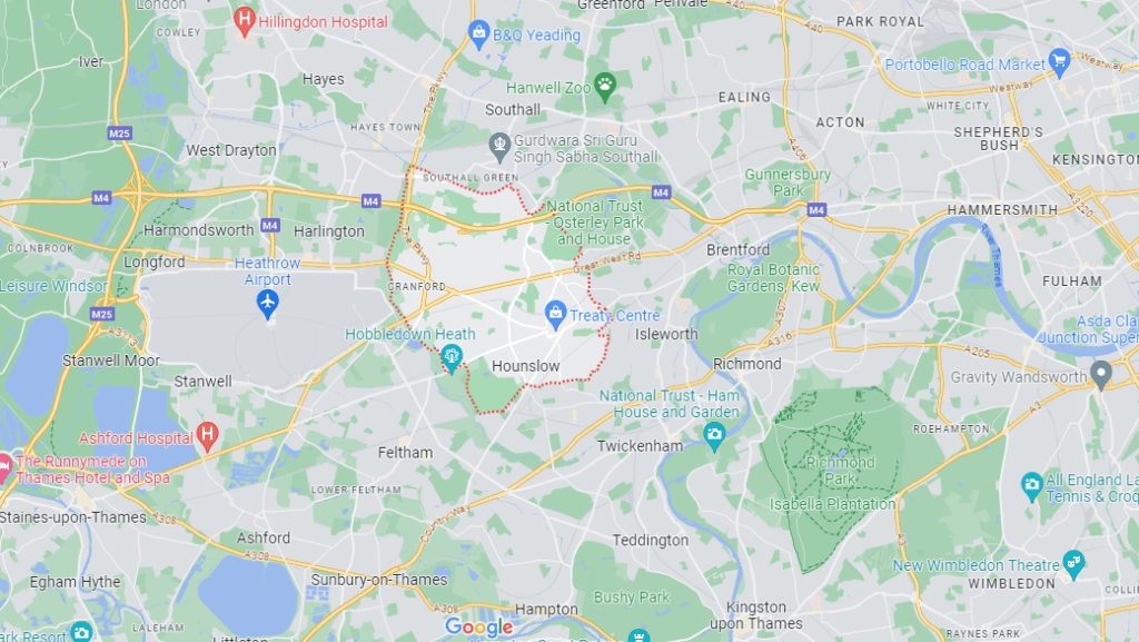 A Google Maps image of the location of Hounslow in London.