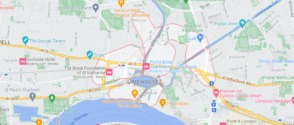 A Google Maps image of the location of Limehouse in London.