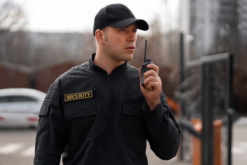 A security guard looking towards the camera and talking on his radio.