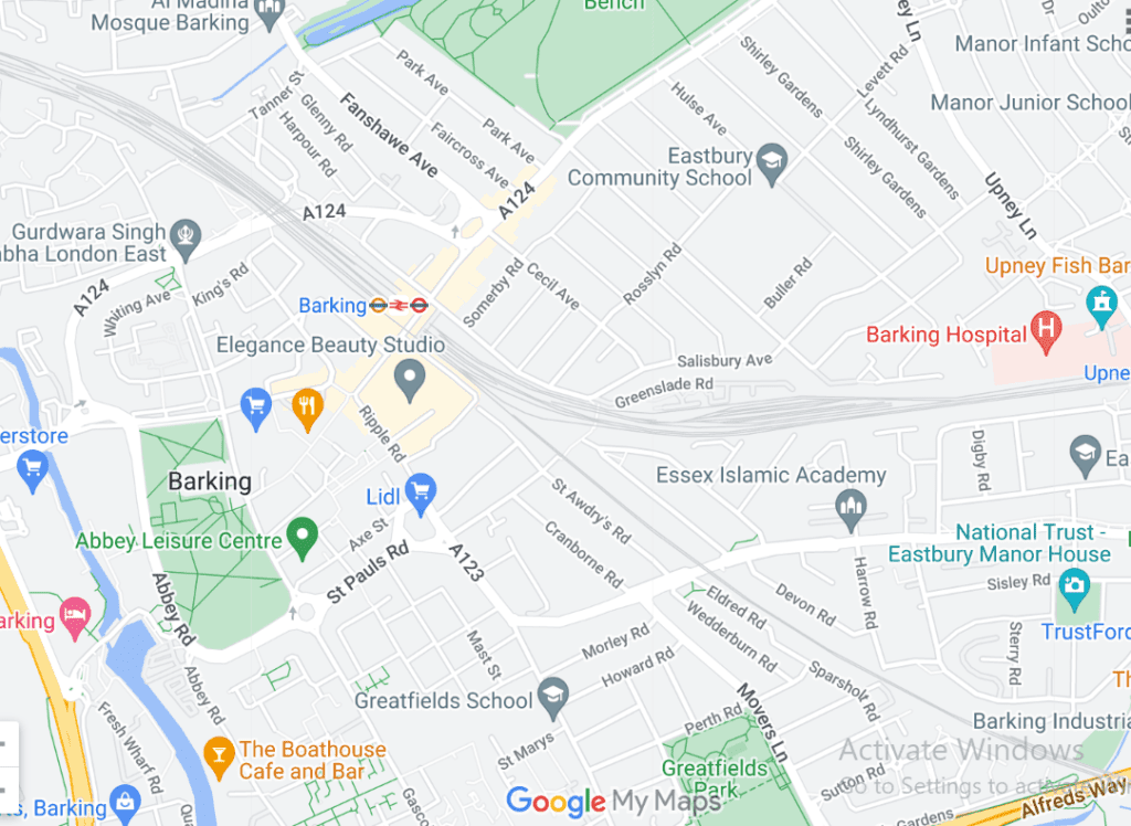 A Google Maps image of the location of Barking in London.